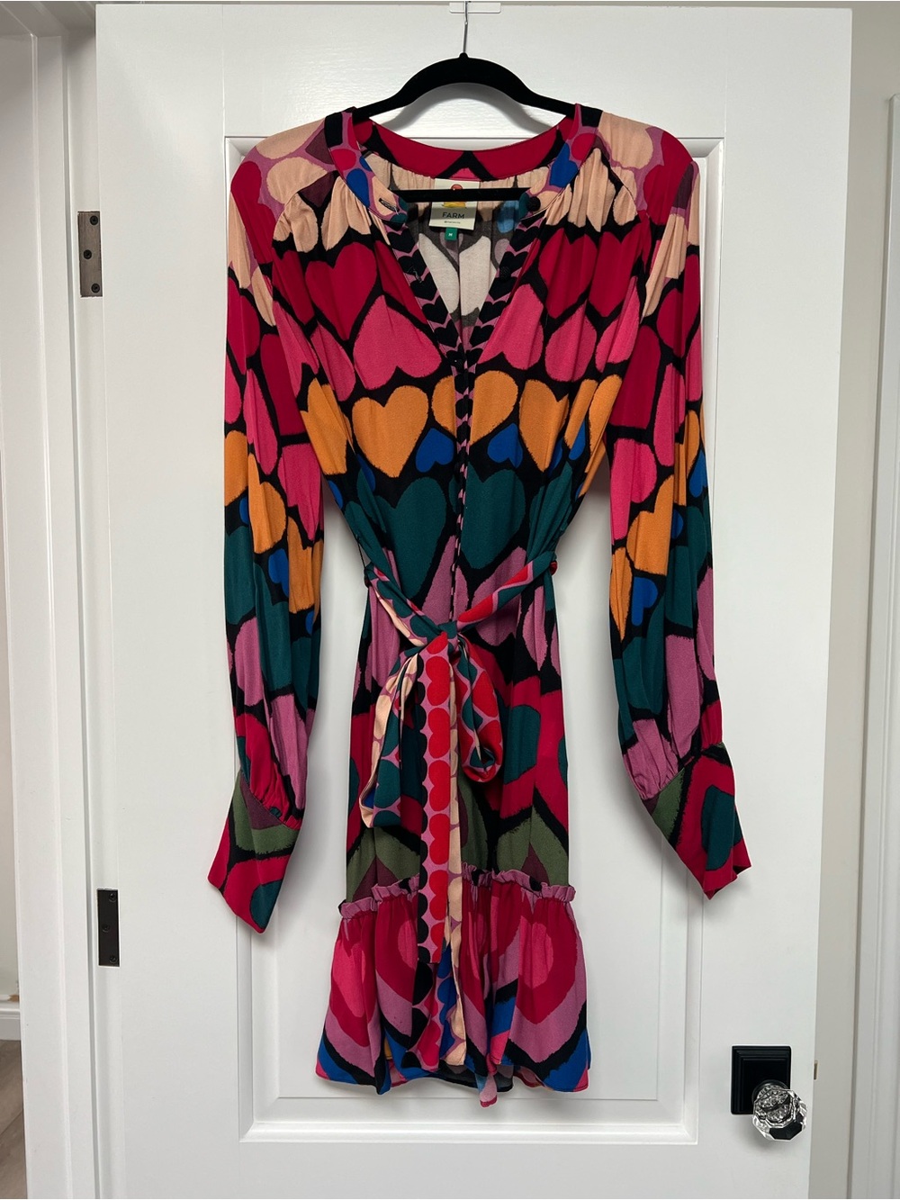 Farm Rio Heart Print Ruffle Mini Dress Colorful Boho Romantic M